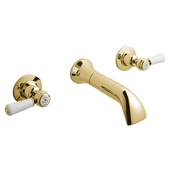 BC Designs Victrion Gold Lever Three Hole Wall Basin Filler Tap with Spout