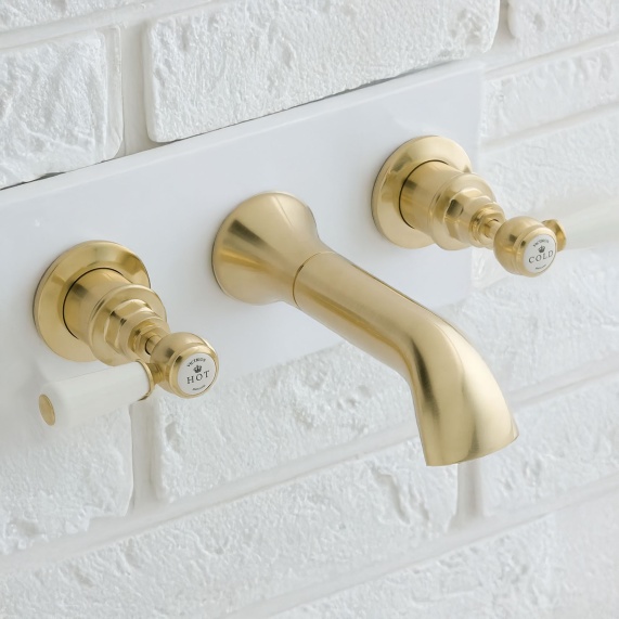 BC Designs Victrion Brushed Gold Lever Three Hole Wall Basin Filler Tap with Spout