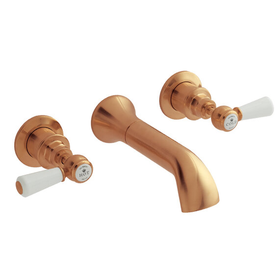 BC Designs Victrion Brushed Copper Lever Three Hole Wall Basin Filler Tap with Spout