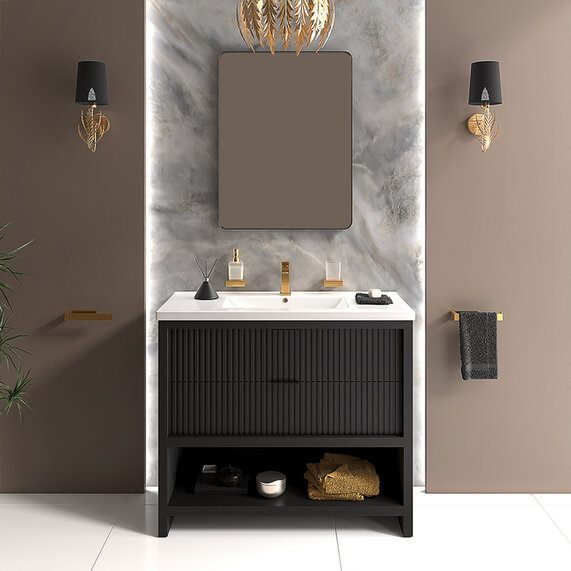 Jasmine Illuminated 1000mm Floorstanding Black bathroom Vanity Unit with Glass Basin and chrome taps