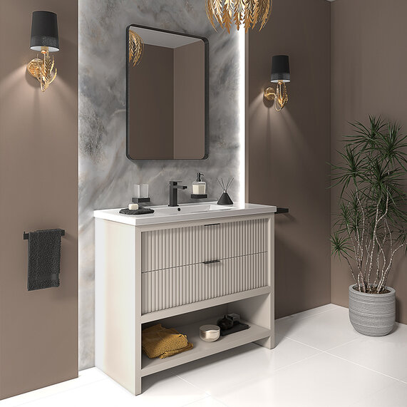 Jasmine - Cashmere 1000mm Floorstanding Bathroom Vanity Unit with Basin LED Lights and black taps