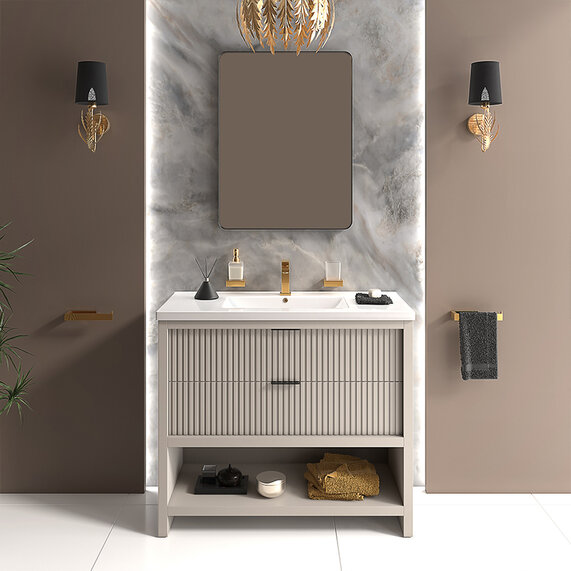 Jasmine Illuminated 1000mm Floorstanding Cashmere Bathroom Vanity Unit With Basin and gold handles