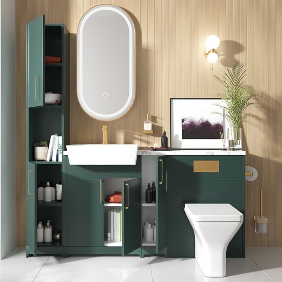 Oliver 1700 Matt Green Unit with Gold Handles, Sink, Toilet & Tall Storage | Bathroom Fitted Furniture Set