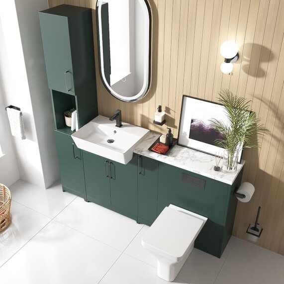 Oliver 1700 Matt Green Suite with Black Handles, Sink, Toilet & Tall Storage | Bathroom Fitted Furniture Set