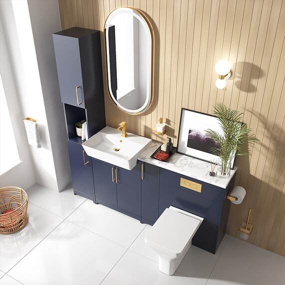 Oliver 1700 Navy Blue Suite with Gold Handles, Sink, Toilet & Tallboy | Bathroom Fitted Furniture Set