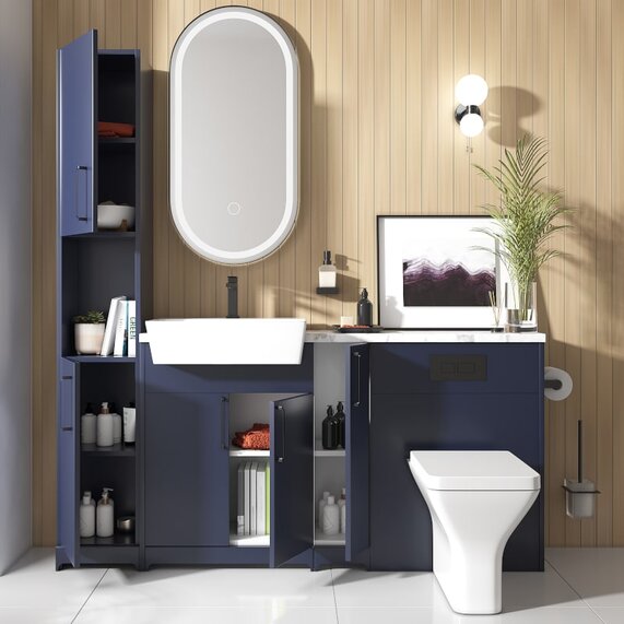 Oliver 1700 Navy Blue Unit with Black Handles, Sink, Toilet & Tall Storage | Bathroom Combination Furniture Set