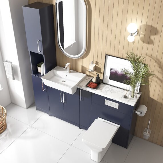 Oliver 1700 Navy Blue Suite with Chrome Handles, Sink, Toilet & Tallboy | Bathroom Fitted Furniture Set