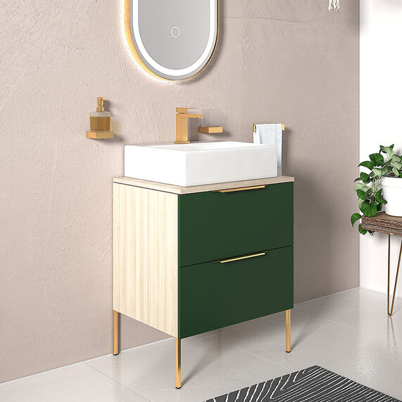 600mm Green Vanity Unit with 500mm Basin  - Alani Wall Hung (Two Drawers, Handles in Gold, Black or Chrome)