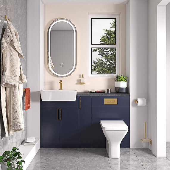 Oliver 1400 Navy Blue Suite with Gold Handles, Sink, Toilet & Storage | Bathroom Fitted Furniture Set