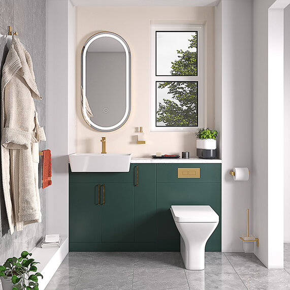 Oliver 1400 Matt Green Unit with Gold Handles, Sink, Toilet & Storage | Bathroom Fitted Furniture Set
