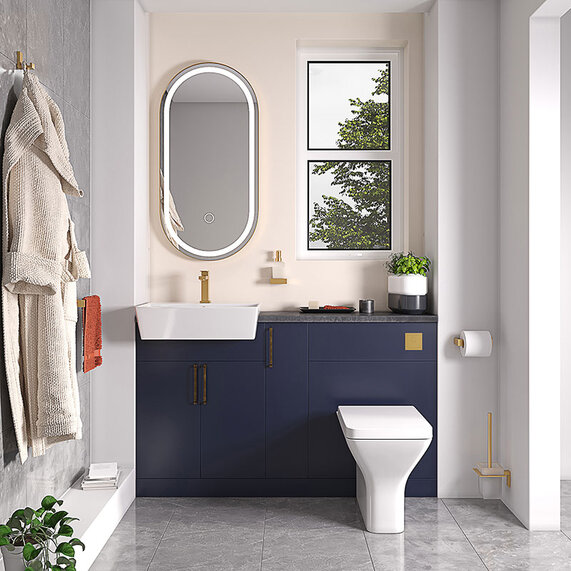 Oliver 1300 Navy Blue Suite with Gold Handles, Sink, Toilet & Storage | Bathroom Fitted Furniture Set