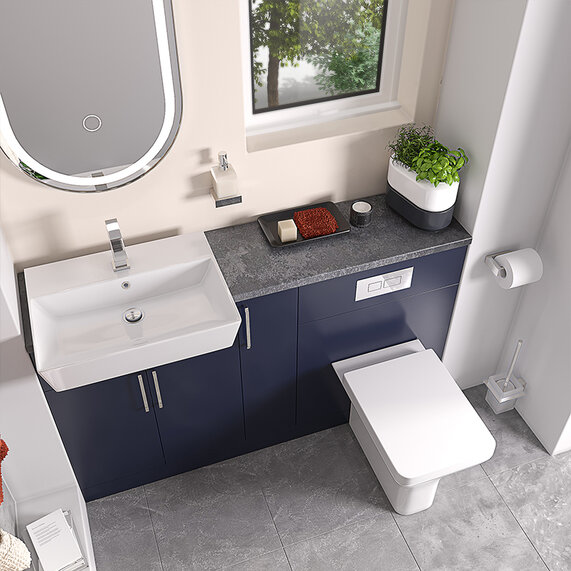 Oliver 1400 Navy Blue Suite with Chrome Handles, Sink, Toilet & Storage | Bathroom Fitted Furniture Set