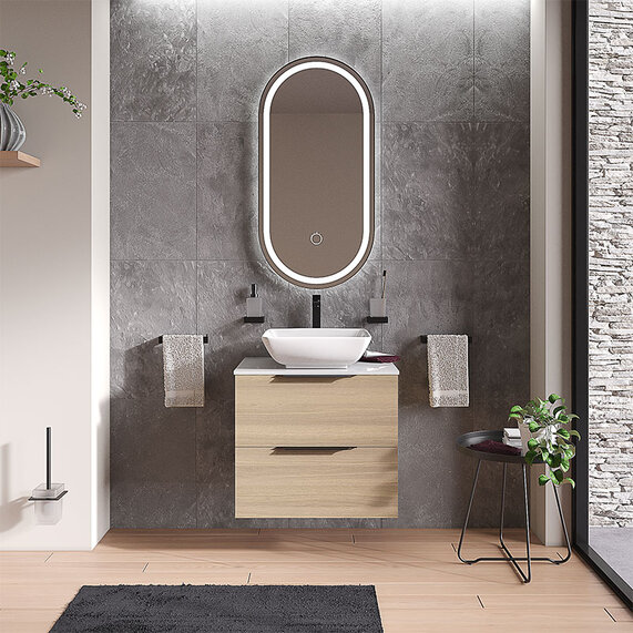 Alani - Light Oak 600mm Wall Hung Vanity Unit with Countertop Basin and Oak Worktop - Choice of Handles & Legs