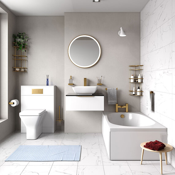 Petite 1300mm Bath Furniture Suite. Includes 600mm Basin Unit & Back to Wall Toilet & Seat - Jivana White - Gold Handles
