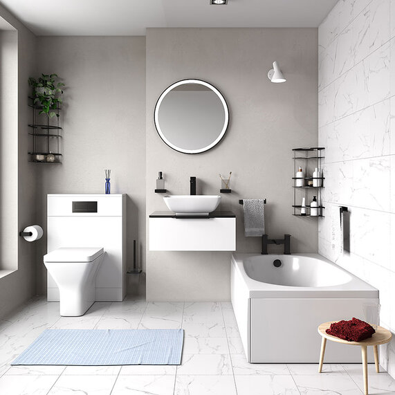 Petite 1300mm Bath Furniture Suite with Optional Whirlpool System. Includes 600mm Basin Unit & Back to Wall Toilet & Seat - Jivana White - Black Handles