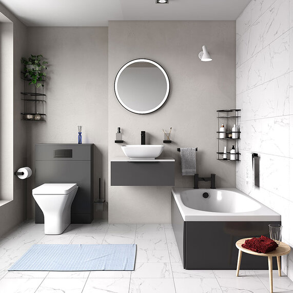 Small Bath Furniture Suite with Optional Whirlpool System. Includes 600mm Small Vanity & WC Unit, Toilet Pan & Seat - Jivana Grey - Black Handles