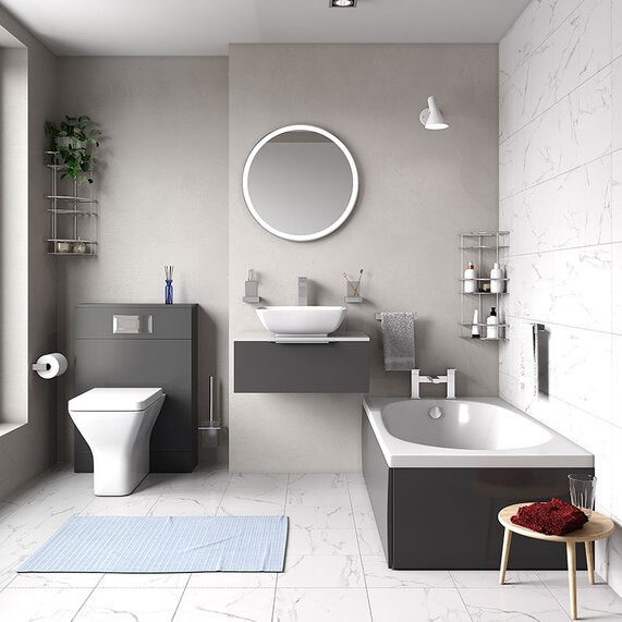 Small Bath Furniture Suite with Optional Whirlpool System. Includes 600mm Vanity & WC Unit, Toilet Pan & Seat - Jivana Grey - Chrome Handles