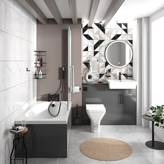 Oliver 1100mm Suite with Black Handles | Basin, Toilet & Small Bath | Anthracite Bathroom Fitted Furniture Set