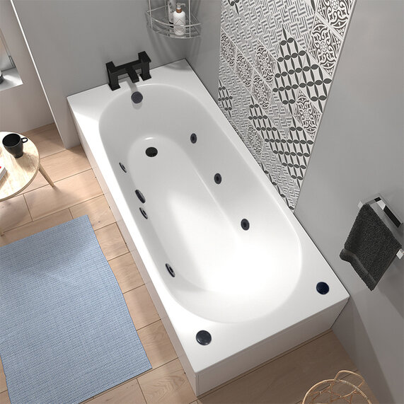 1600 x 700mm - Straight Whirlpool Acrylic Bath - 6 Black Jets, Laguna
