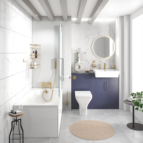 Oliver 1100mm Small Suite | Sink, Toilet & Small Bath | Navy Blue Combination Fitted Furniture Set with Gold Handles