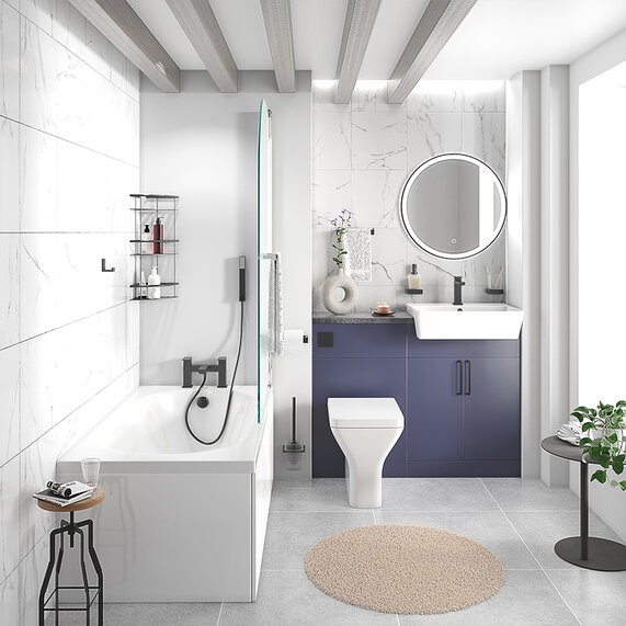 Oliver 1100mm Suite | Sink, Toilet & Small Bath | Navy Blue Bathroom Fitted Furniture Set with Black Handles