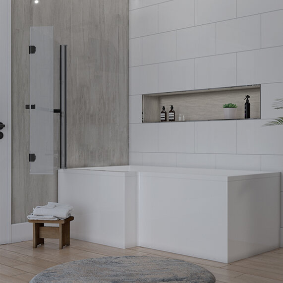 1500 x 773 x 188 Black L Shape Bath Screen with Rail | 6mm Glass | Radiant Range