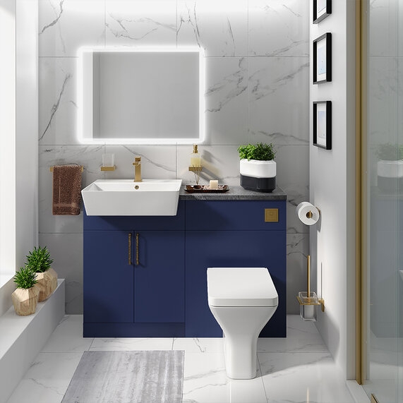 Oliver 1100mm Vanity Unit with Back-to-wall Toilet: Navy Blue Bathroom Fitted Furniture Set with Gold Handles