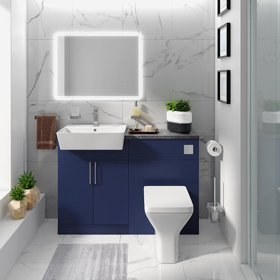 Oliver 1100mm Vanity Unit with Back-to-wall WC: Navy Blue Bathroom Fitted Furniture Set with Chrome Handles