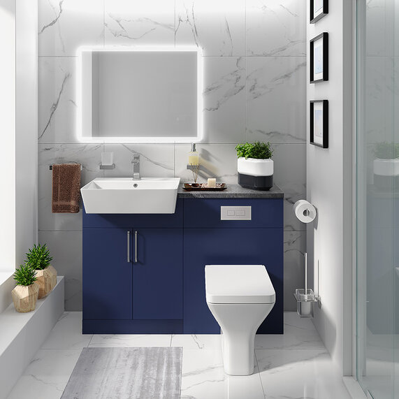 Oliver 1200 Navy Blue Suite with Chrome Handles, Sink, WC & Storage | Bathroom Fitted Furniture Set