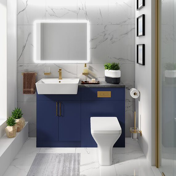 Oliver 1200 Navy Blue Suite with Gold Handles, Sink, WC & Storage | Bathroom Fitted Furniture Set