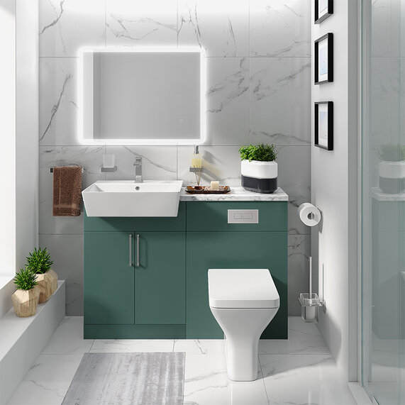 Oliver 1200 Matt Green Unit with Chrome Handles, Sink, Toilet & Storage | Bathroom Combination Furniture Set