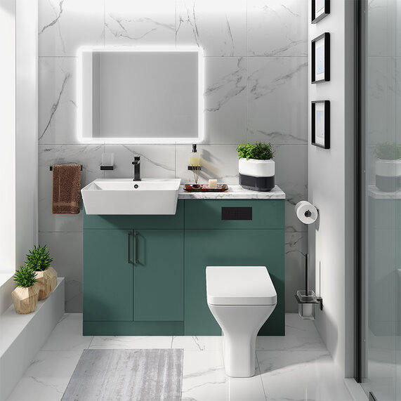 Oliver 1200 Matt Green Suite with Black Handles, Sink, WC & Storage | Bathroom Fitted Furniture Set