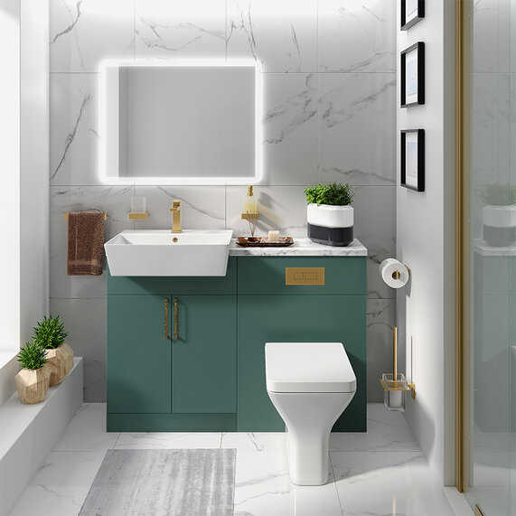 Oliver 1200 Matt Green Unit with Gold Handles, Sink, Toilet & Storage | Bathroom Fitted Furniture Set