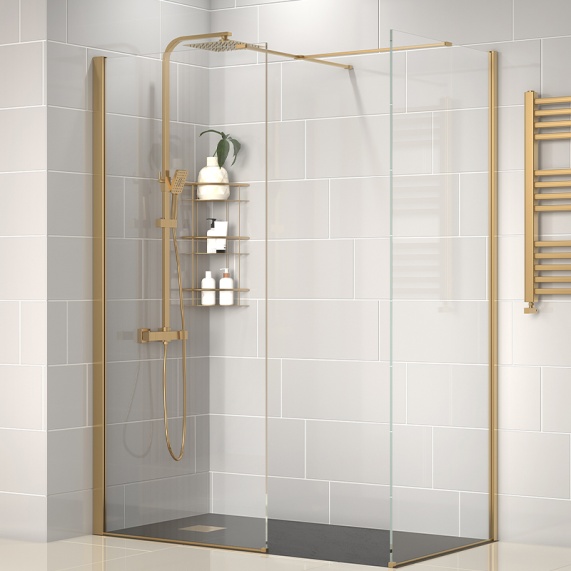 1500mm - Corner 10mm Gold Shower Enclosure with Slate Tray & Side Panel - Radiant Brushed Gold Wet Room