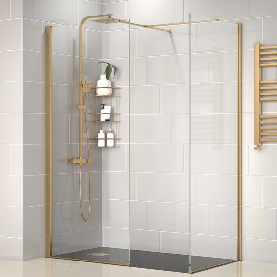 1400mm - Corner 10mm Gold Shower Enclosure with Slate Tray & Side Panel - Radiant Brushed Gold Wet Room