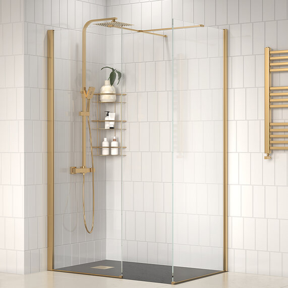 1200mm - Corner 10mm Gold Shower Enclosure with Slate Tray and Side Panel - Radiant Brushed Gold Wet Room