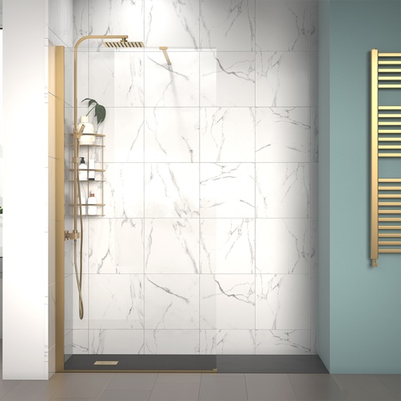 1600mm - Recess 10mm Gold Shower Enclosure with Slate Tray and Side Panel - Radiant Brushed Gold Wet Room