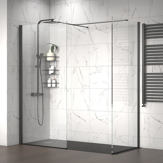 1800mm - Corner 10mm Black Shower Enclosure with Slate Tray and Side Panel - Radiant Black Wet Room