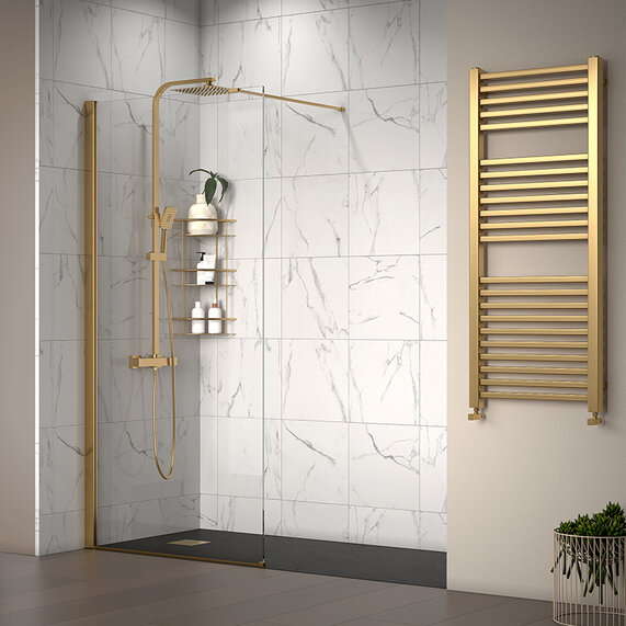 1800mm - Recess 10mm Gold Shower Enclosure with Slate Tray and Side Panel - Radiant Brushed Gold Wetroom