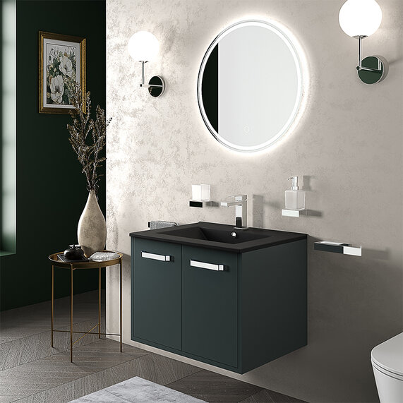 600mm Green Vanity Unit with Black Sink - Celeste Design, Wall Hung, Two Doors