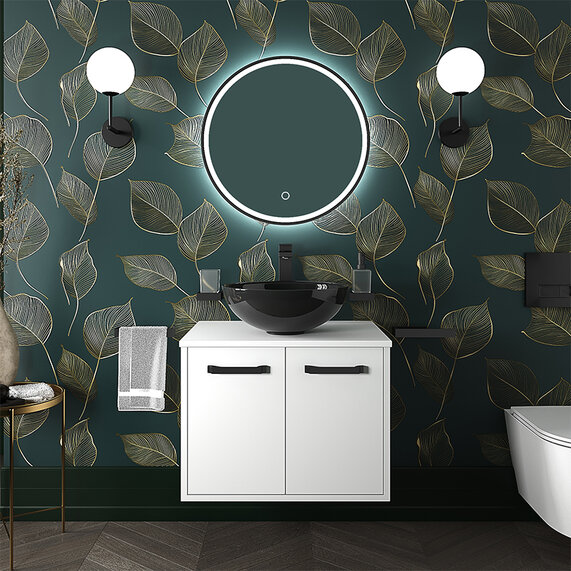 Celeste - White 600mm Wall Hung Vanity Unit with Black Basin and Worktop - Choice of Handles