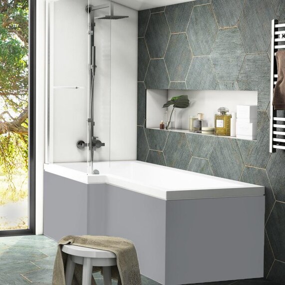 Grove Grey 1700mm Left-handed Acrylic Shower Bath with Optional Front & End Panels