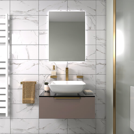Pemberton - Gold 600mm Floating Vanity Unit with Black Glass Top and Basin - Choice of Handles