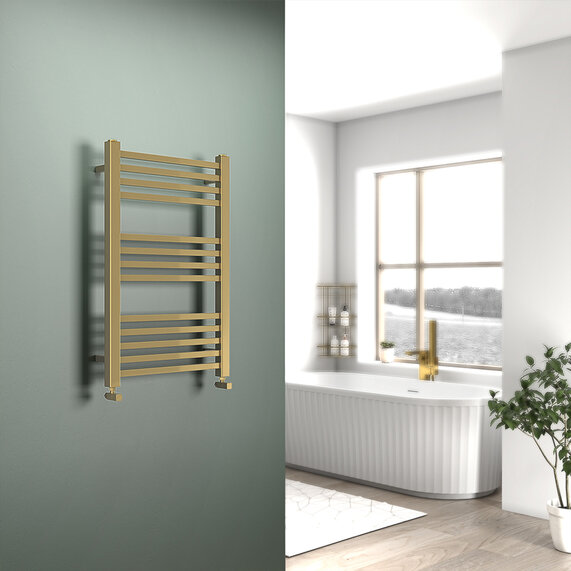 800 x 500mm -  Brushed Brass Straight Heated Vertical Towel Rail | Jivana