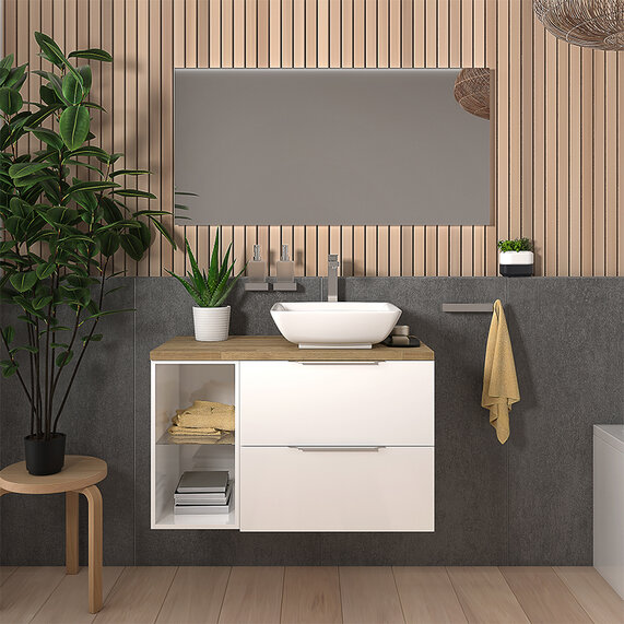 900 White Wall Hung Unit with Solid Oak Top | Sonix