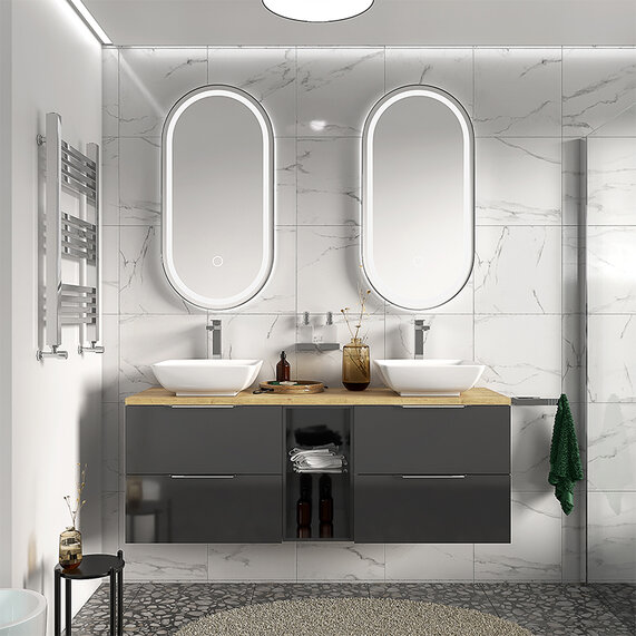 1500mm Grey Countertop Basin Unit with Solid Oak Top | Sonix