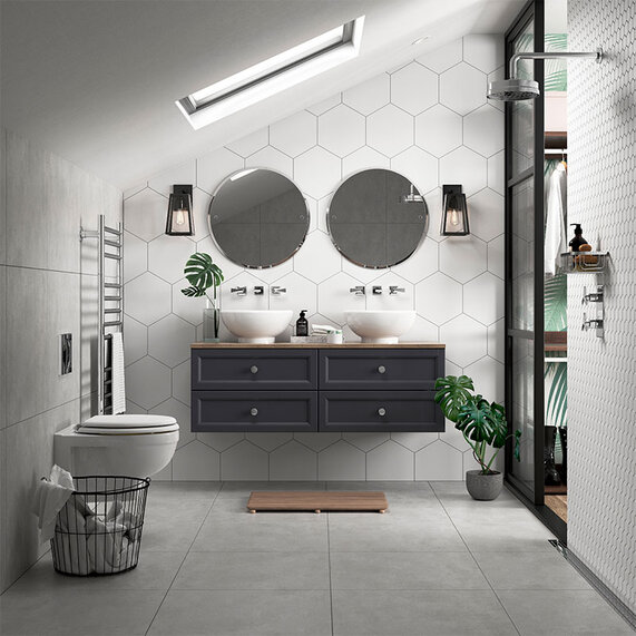 1400mm Graphite Grey Traditional Wall Hung Vanity Unit with Two Sinks - Heritage Caversham