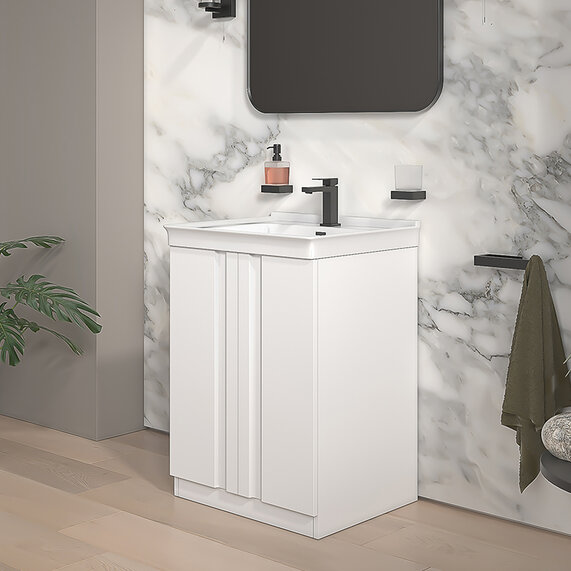 Chester - White 600mm Handleless Floorstanding Vanity Unit with Basin - Optional Basin Mixer Tap