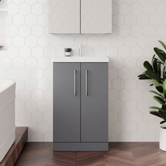 500mm Grey 500 Floorstanding Vanity Basin Unit with Doors, Nuie Arno - Choice of Basin Styles
