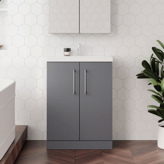 600mm Grey Floor standing Bathroom Vanity unit with Basin, Nuie Arno - Choice of Basin Styles